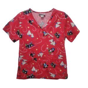 Christmas Scrub Top XS Red Penguins Holiday Trees Nurses Vet Tie Back Pockets